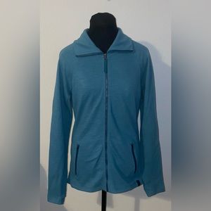 L.L.Bean Teal/Blue sweater #506472 long sleeve zipper pockets w/ hand loops EUC